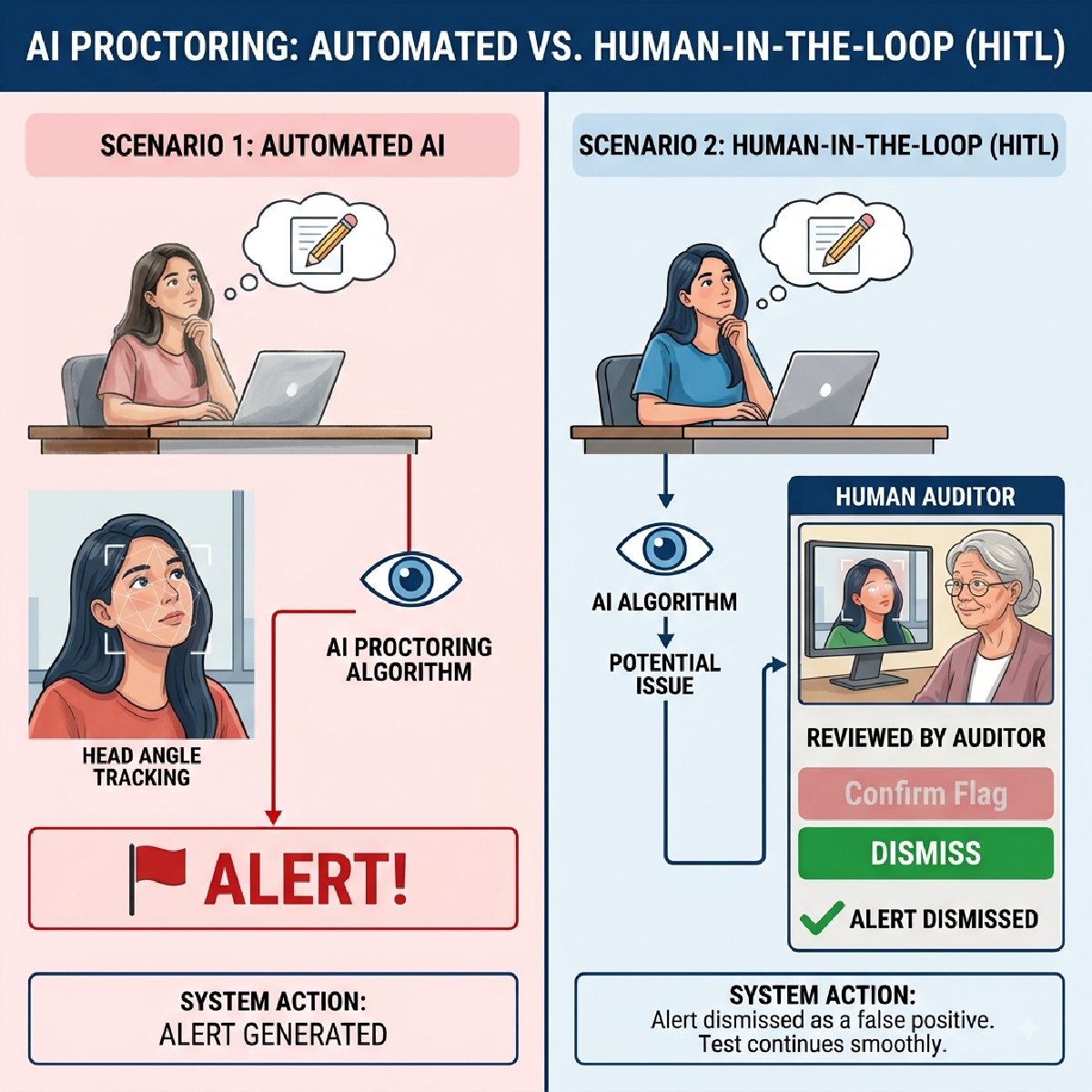 Diagram comparing rigid automated AI proctoring flagging innocent gaze shifts versus hybrid proctoring with human contextual review.